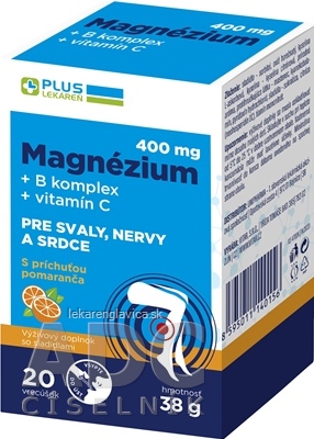 PLUS LEKAREN MAGNEZIUM 400 MG+B KOMPLEX+VITAMIN C  20KS VRECUSKA S PRICHUTOU POMARANC 1X20 KS